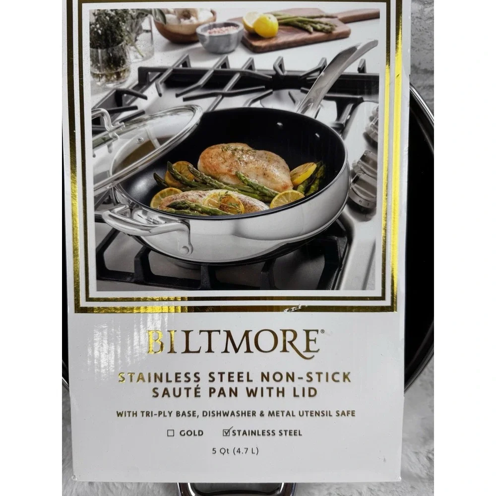 New Biltmore Stainless‎ Steel Non-Stick Saute Pan With Lid 5 Qt Tri-Ply Base